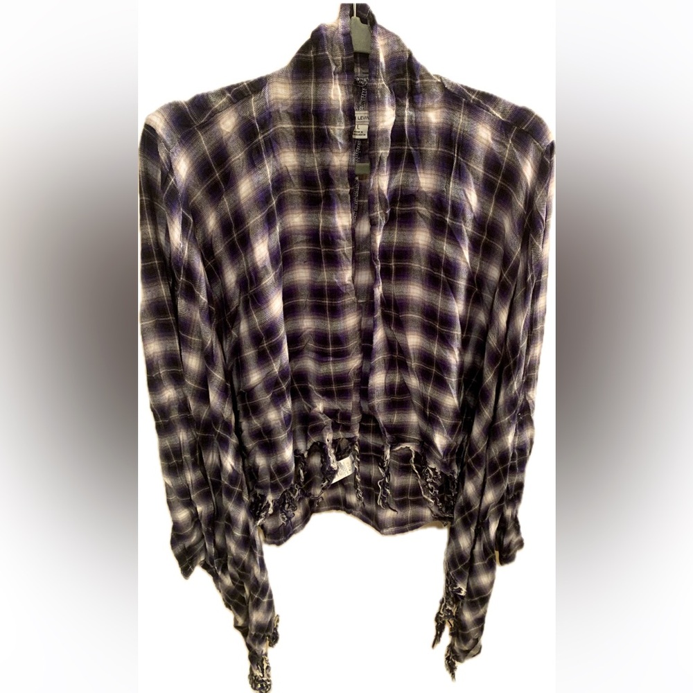 EUC Adam Levine  Cardigan Black and Purple Check Plaid Fringe Trim Womens Size L